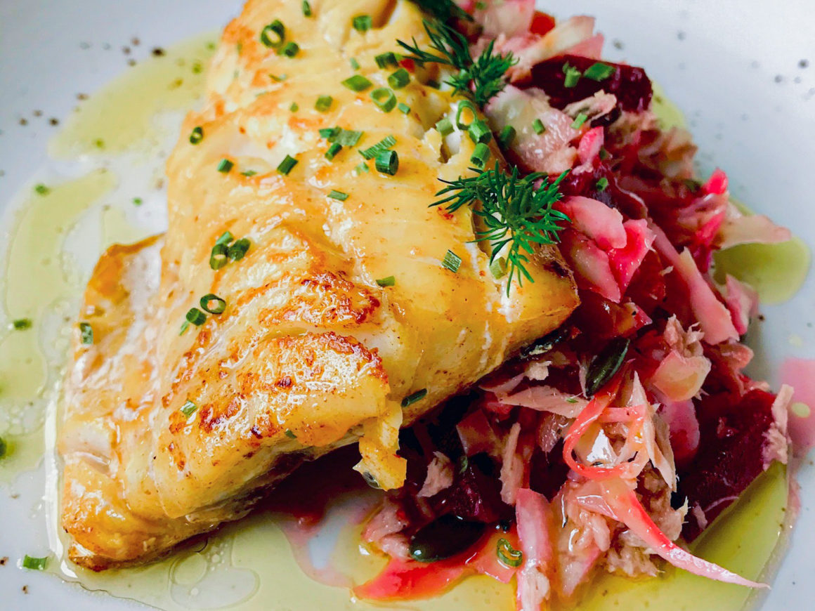 grilled fish with coleslaw salad